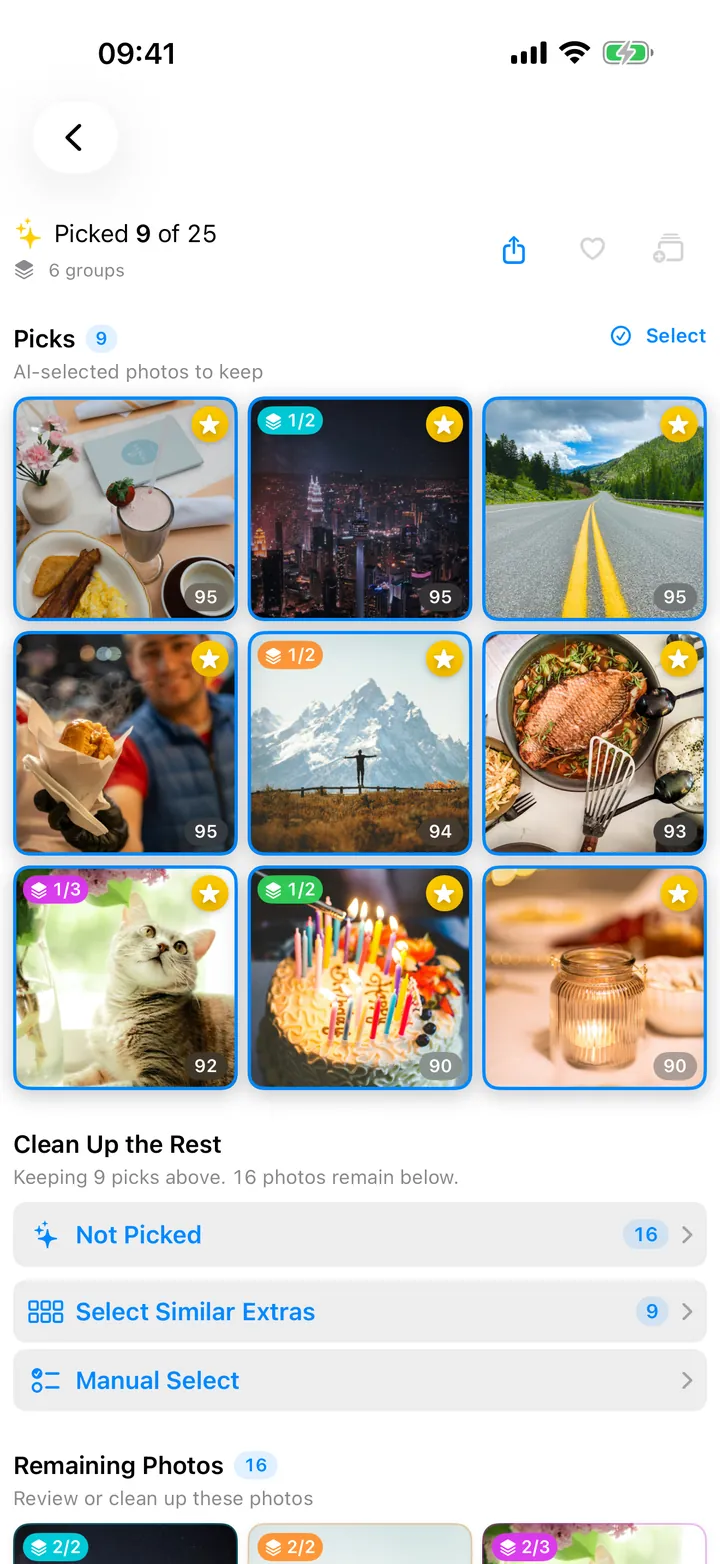 Clear Pick result screen showing the AI picks from a photo session